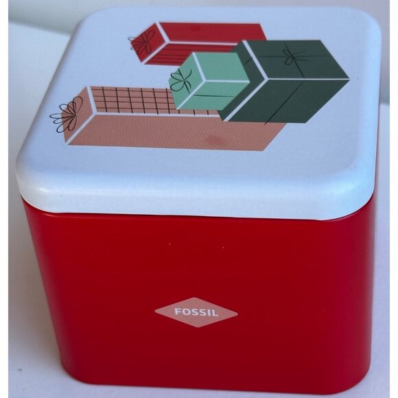 2017 Christmas Holiday Fossil Watch Holder ONLY Metal Tin Box Cases 2.75" Tall - Picture 5 of 16